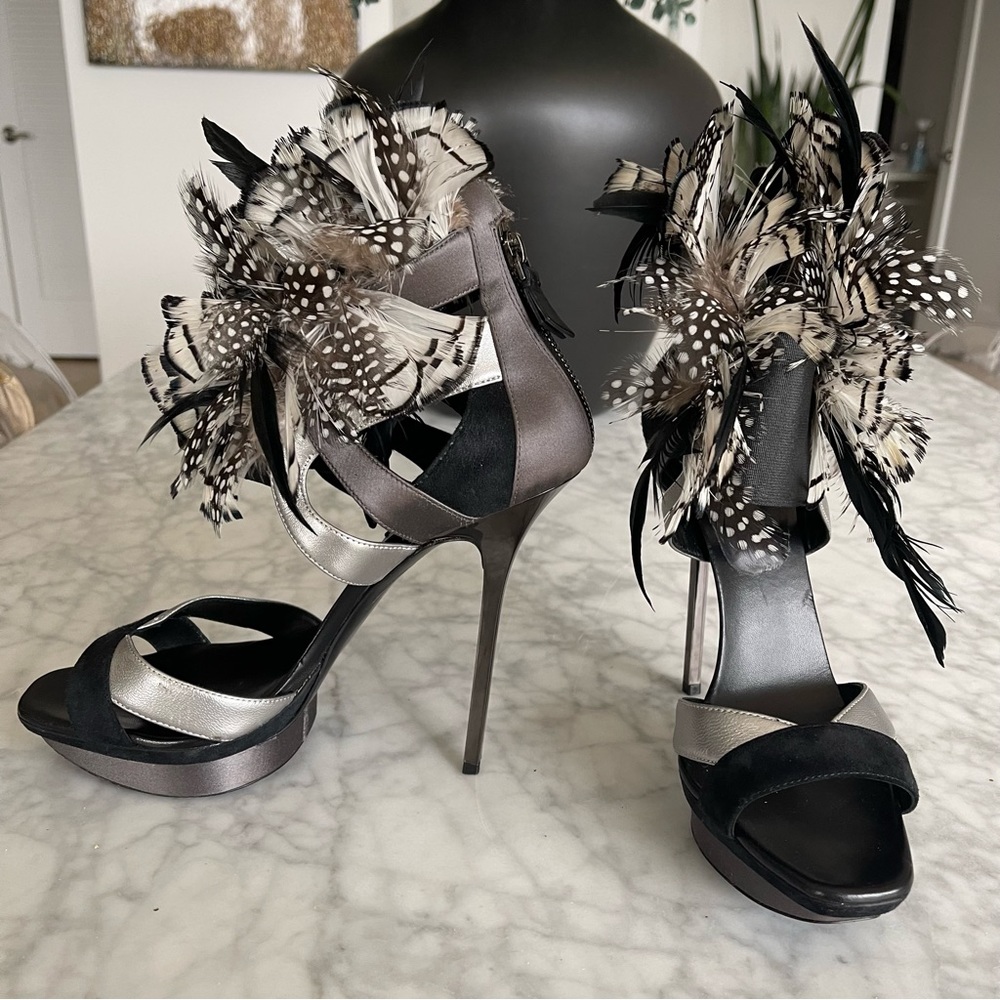 Feather-Embellished Metallic & Black Stiletto Heels